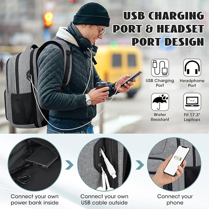 Travel Laptop Backpack, 17 Inch Extra Large Laptop Backpack with USB Charging Hole 45L Anti Theft Travel Backpack Water Resistant College Business Computer Bag Fit 17.3 Inch Laptop for Men Women Grey