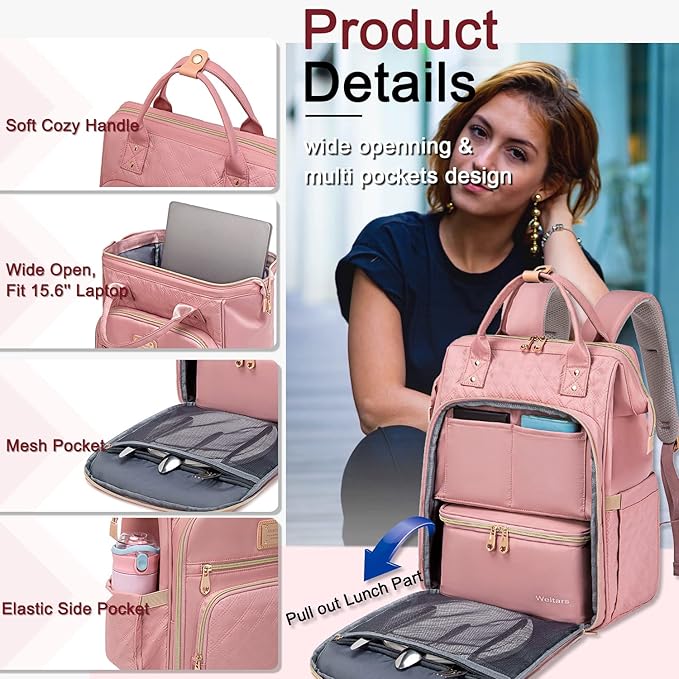 Weitars Lunch Backpack For Women,15.6 Inch Laptop Backpacks For Womens Back pack, Travel Backpacks,Work Backpack For Women (Pink)
