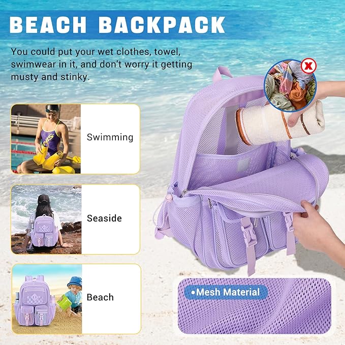 MOONBABY Mesh Backpack for School Heavy Duty See Through Net Bookbag Girls Semi-Transparent Net Back Pack for Beach, Swimming, Sports, Work, Travel (Purple)