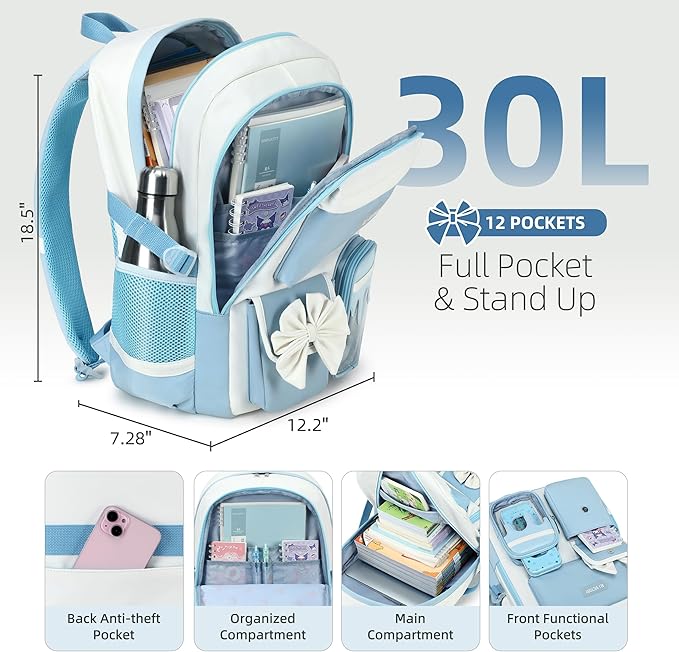 Laptop Backpack 16 Inch Kids Elementary Middle High School Bag College Backpacks Women Work Business Back Pack Travel Rucksack Large Bowknot Bookbag for Teens Girls Womens Students (Blue)
