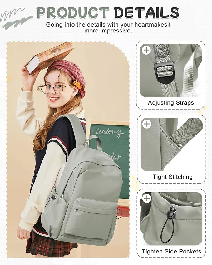 SEAFEW Small Green School Backpack Women, Unisex Lightweight Backpack School Bag Water-resistant Casual Rucksack fits 14 inch Laptop for Boys Girls Men and Women Bookbag College Daypack for Teenage
