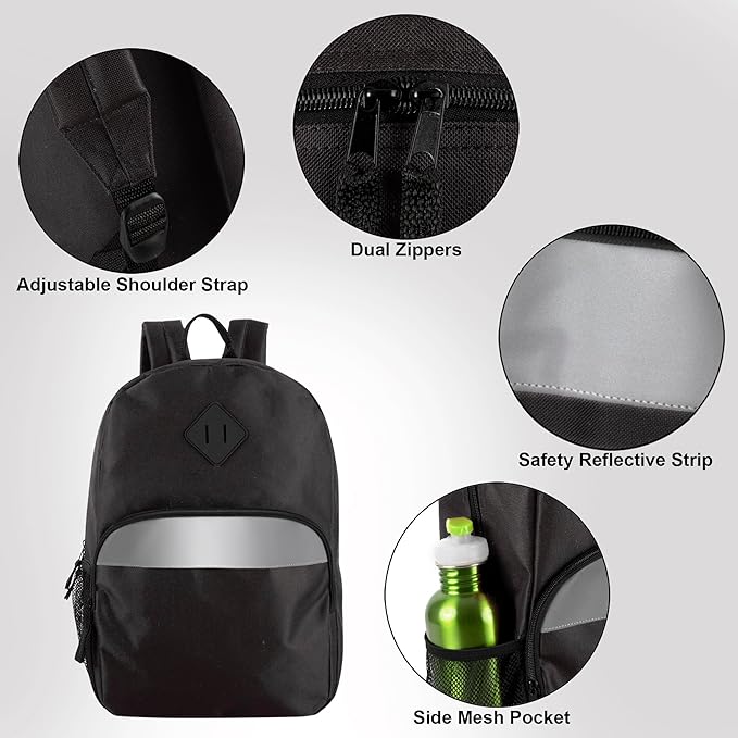 Trail maker Reflective School Backpack for Kids | Colorful Backpack with Adjustable Straps, Side Water Bottle Pockets (Black)