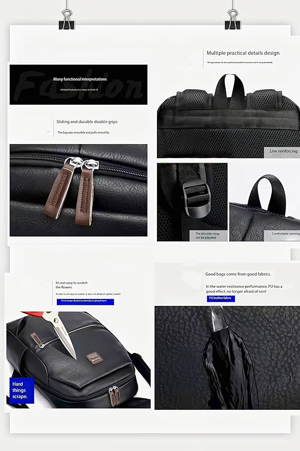 Business Men and Women PU Leather Backpack 15.6inch Laptop Waterproof Backpack Travel Commuter Lightweight schoolbag (Black backpack7,Large)