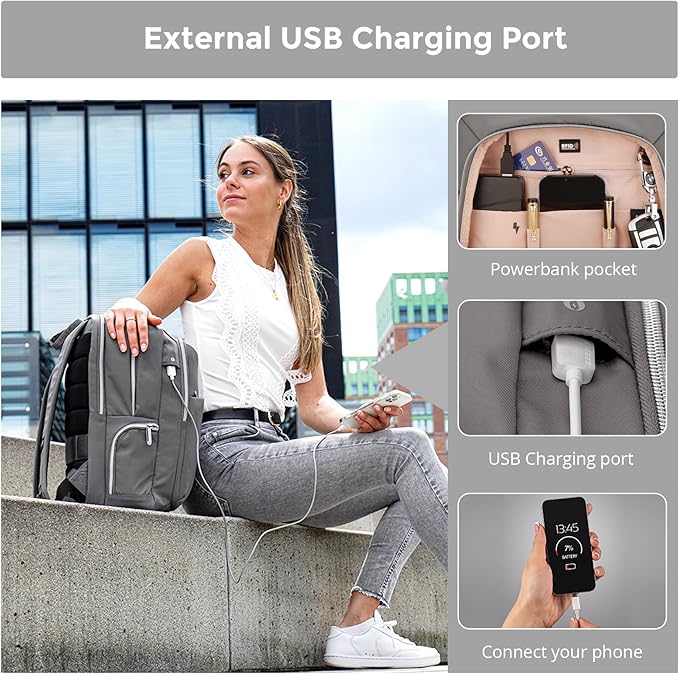 Swissdigital Design Laptop Backpack for Women，Travel Backpack with USB Charging Port，Fits 15.6 Inch School Computer Backpacks for Work Business,Grey | SD1006F-02