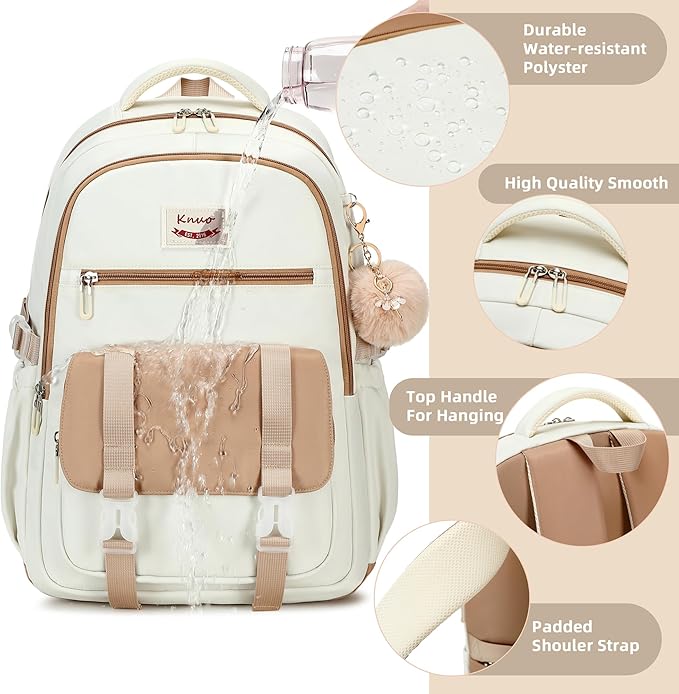 School Backpack for Teen Girls College Backpacks for Women Students Bookbag Large 15.6 Inch Laptop Bags Kids Kindergarten Elementary Middle School Bag Anti Theft Daypack Travel Back Pack Beige