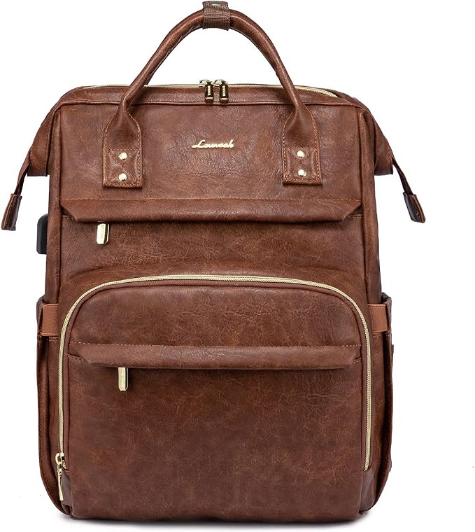 LOVEVOOK Leather Laptop Backpack for Women 18 inch,Travel Backpack Purse Nurse Teacher Computer Bag,Professional College Business Work Bags Carry On with USB Port,Red Brown
