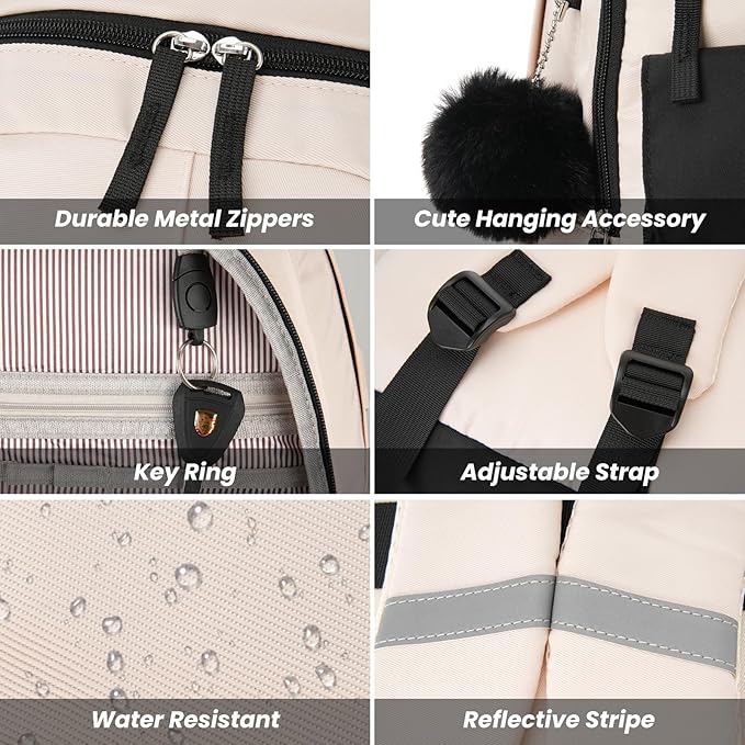 School Backpack for Teen Girls, Cute College Backpacks for Women Students Aesthetic Bookbag Large 17.3 Inch Laptop Bag Middle School Travel Back Pack (Black Beige)