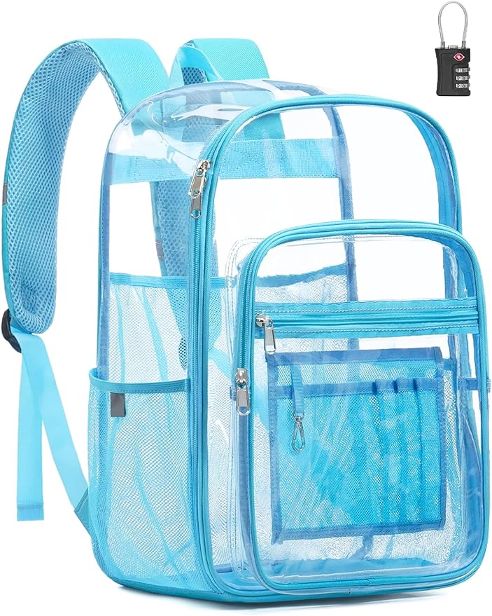 Extra Large Clear Backpack with TSA Lock, Heavy Duty Transparent See Through Clear Bookbag for College, Work, Travel, Casual Sport, Light Blue
