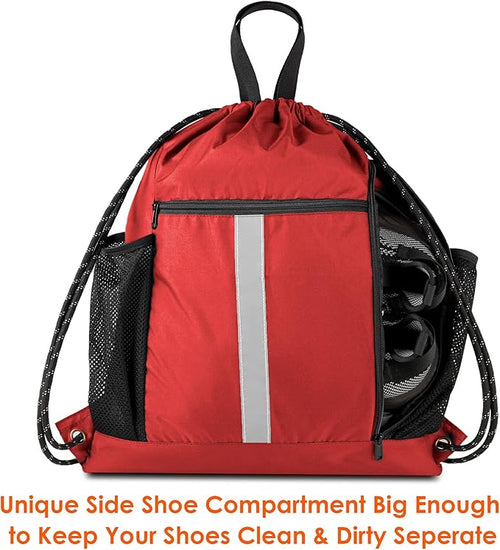 BeeGreen Red Drawstring Backpack Gymsack Bag with Shoe Compartment and Two Side Mesh Pockets Lightweight Durable Sports Cinch Sackpack 1 Pack for Women Men Workout Swim