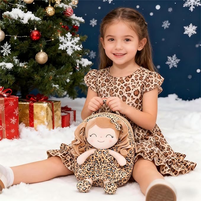 Gloveleya Toddler Backpack Baby Girl Gifts Curly Hair Plush Figures Dress Backpack Kids Backpack Curly Hair Spring Girl - White Leopard 9inches