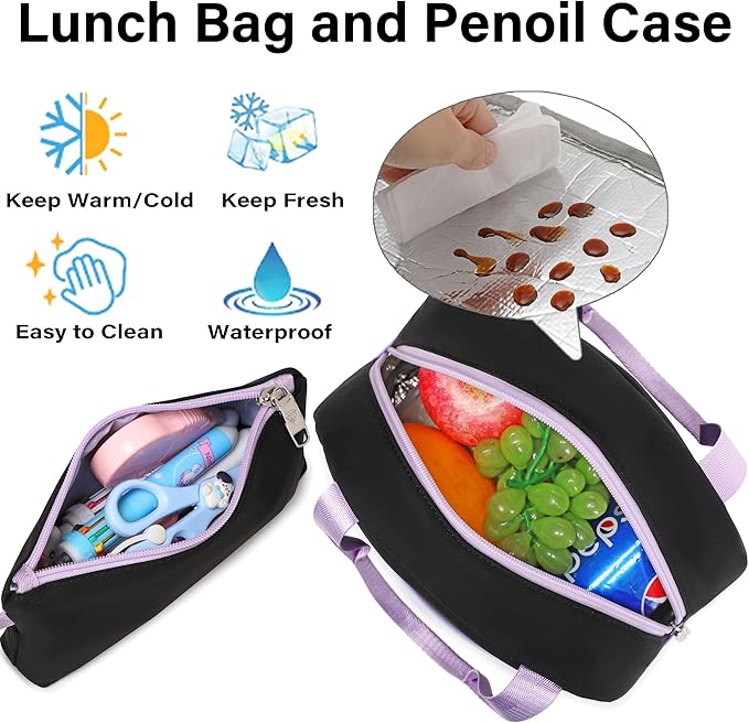 3 PCS Backpack for Teen Girls,Laptop Backpacks 15.6 Inch School Bag with Lunch Box Pencil Pouch Set for Students Aesthetic College Bookbag Travel Daypack(Black Purple)