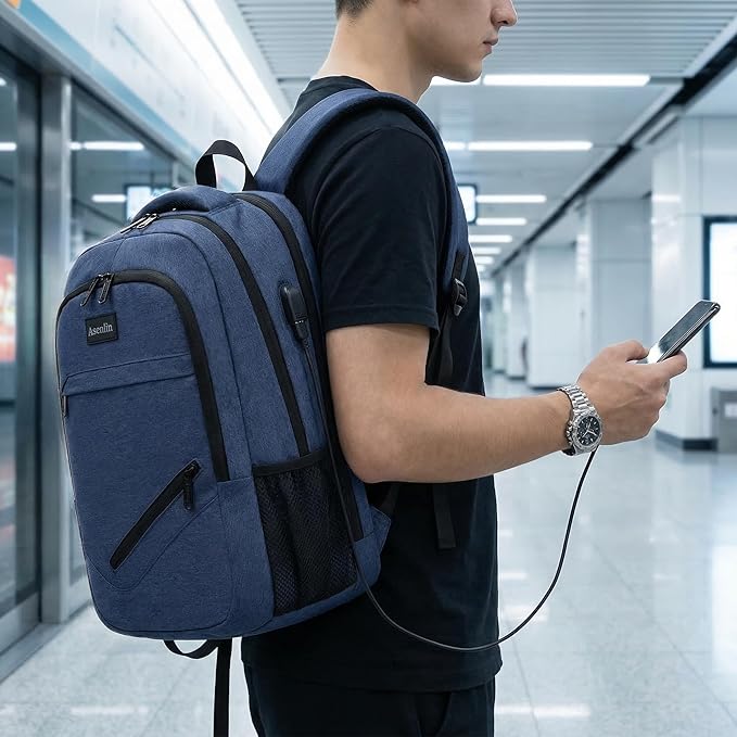 Asenlin Travel Laptop Backpack for Women & Men,Water Resistant Business Slim Sturdy Laptops Backpack with USB Charging Port,Fits 15.6 Inch Notebook College School Computer Bag-Blue