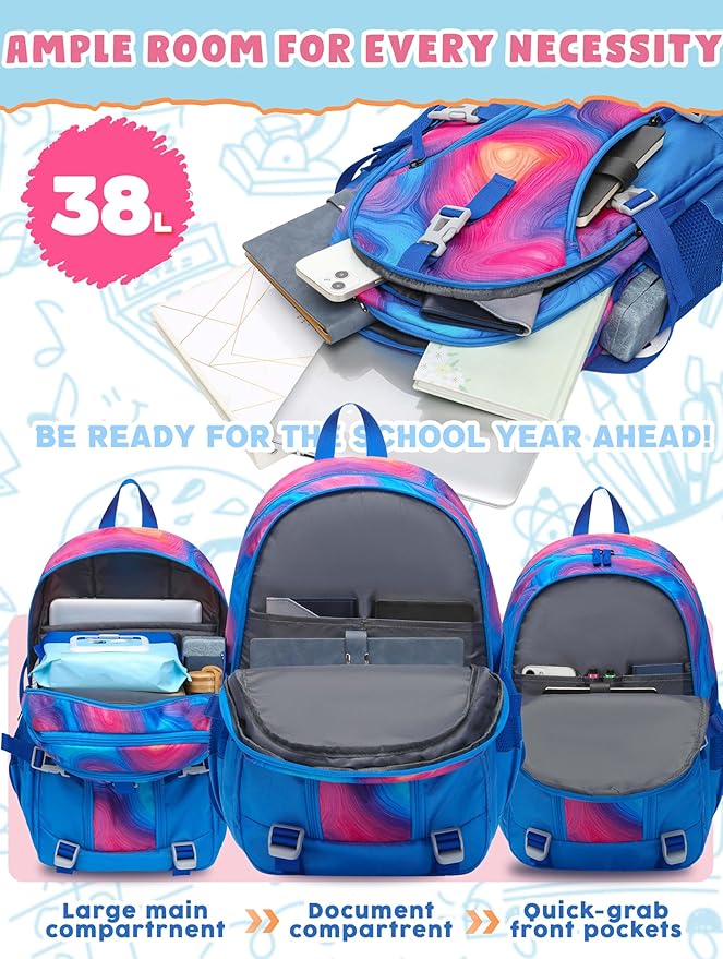 BLUEFAIRY High School Backpack for Girls Boys Middle School Bookbag for Kids Back to School Bag for College with Large Compartment Casual Daypack Mochilas para Niñas Adolescentes 18" Tie Dye Blue
