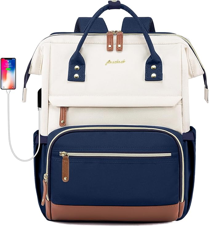 Laptop Backpack for Womem Work Bags: 17.3 Inch Travel BackPacks With USB Charging Port Anti Theft Fashion College BookBag Durable Back Pack Purse Bussiness Daypack for Nurse Teacher Navy Beige