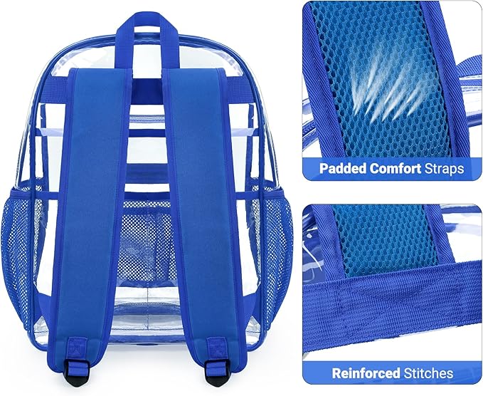 ZORFIN Clear Backpack Heavy Duty for School & Work – 17in Transparent PVC Bag with Large Capacity & Reinforced Straps – See Through Bookbag for Men, Women, Boys & Girls, Workplace Security - Blue