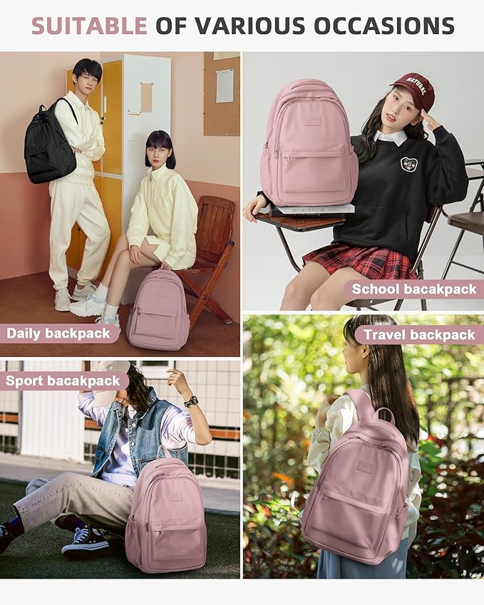 Lightweight School Backpack for Women Men, Laptop Travel Casual Daypack College Secondary School Bags Bookbag for Teenage Girls Boys, Pink