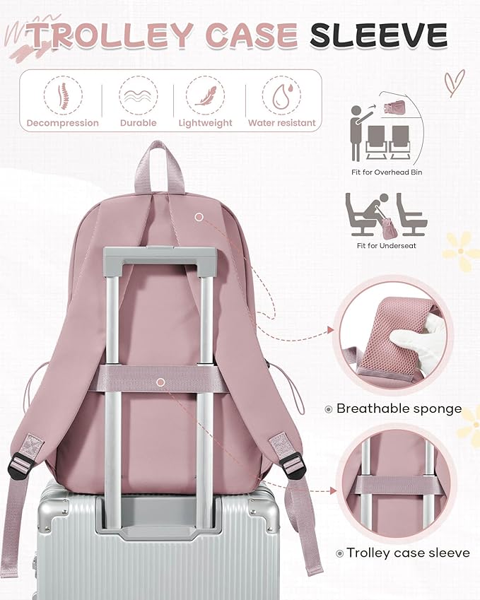 SEAFEW Small Pink School Backpack Women, Unisex Lightweight Backpack School Bag Water-resistant Casual Rucksack fits 14 inch Laptop for Boys Girls Men and Women Bookbag College Daypack for Teenage