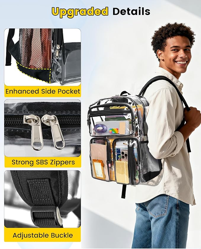 Vorspack Clear Backpack Heavy Duty - Extra Large Clear Bookbag Transparent See Through Backpacks for College Work Festival - Black