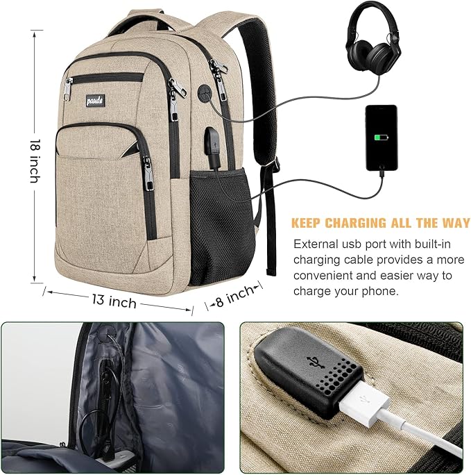 Paude Backpack for Teens, Laptop, College, University, Business, Travel - 15.6 Inch, Beige