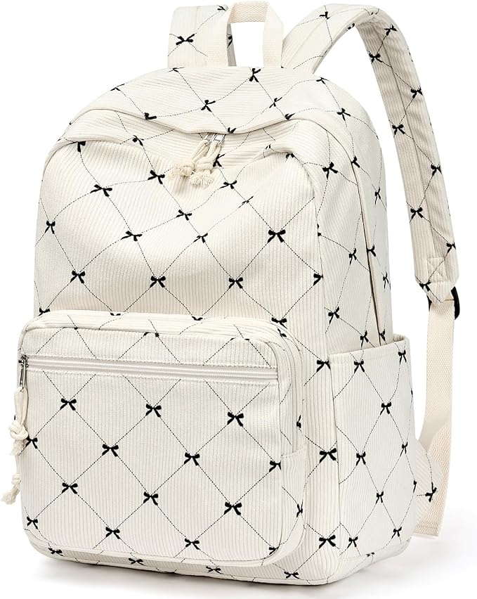 mibasies School Backpack for Girls with Laptop Sleeve: 18IN Large Capacity Corduroy Bookbag for Primary Middle School/College, Travel Daypack for Teens Women - Beige Bow