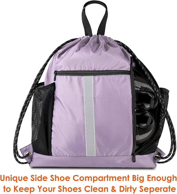 BeeGreen Lilac Drawstring Backpack Bag Gym Sports Backpack with Shoe Compartment and Two Water Bottle Holder for Women Men Large String Athletic Sackpack Workbag