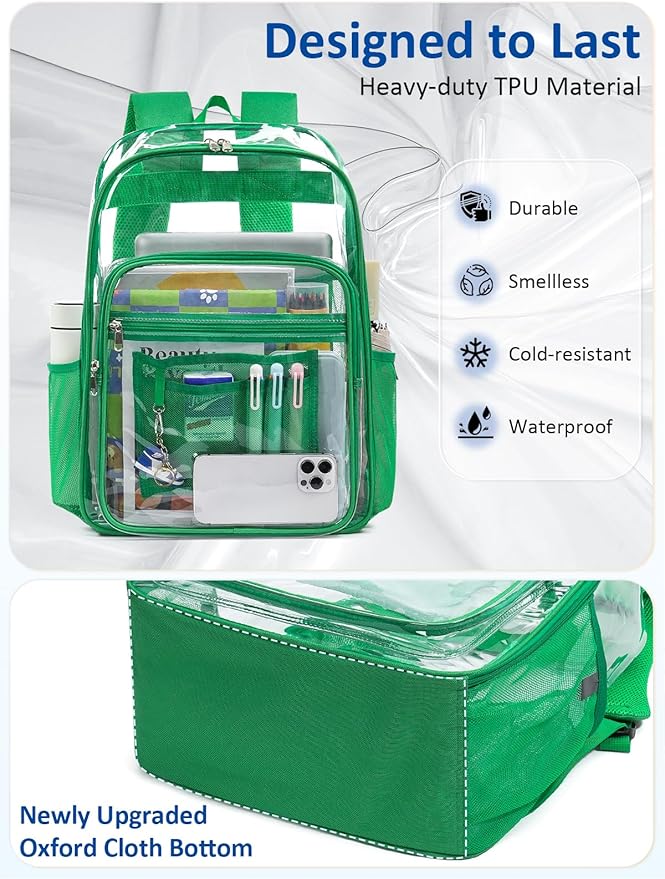 Extra Large Clear Backpack with TSA Lock, Heavy Duty Transparent See Through Clear Bookbag for College, Work, Travel, Casual Sport, Green