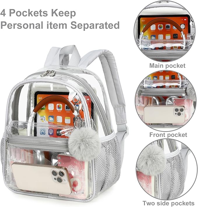 BTOOP Clear Mini Backpack for Stadium Events 12x12x6 Small Transparent Backpacks Plastic See Through Clear Bag for Concerts Work Festival Security Travel Gray