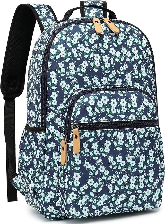 Leaper Water-resistant Floral Laptop Backpack Women Travel Bag Bookbags Satchel (Dark Blue-White Flower2)