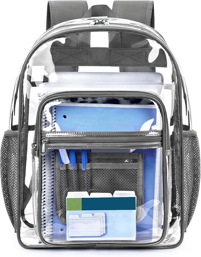 ZORFIN Clear Backpack Heavy Duty for School & Work – 17in Transparent PVC Bag with Large Capacity & Reinforced Straps – See Through Bookbag for Men, Women, Boys & Girls, Workplace Security - Grey