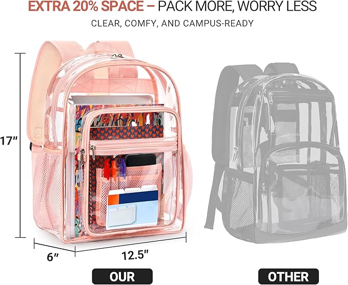 ZORFIN Clear Backpack Heavy Duty for School – 17in Transparent PVC Bag with Large Capacity & Reinforced Straps for Girls, Women - See Through Bookbag for College Workplace Security, Pink