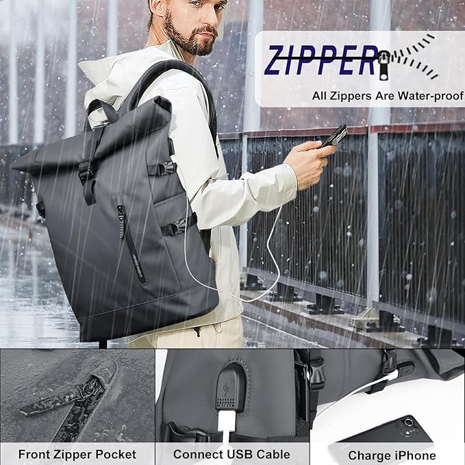 Rolltop Backpack for Men, Waterproof Travel Backpack with USB Charging Port, Large Capacity Adjustable18-27L Laptop Backpack for 15.6 Inch, Expandable Casual Daypack for Work Business College-Grey