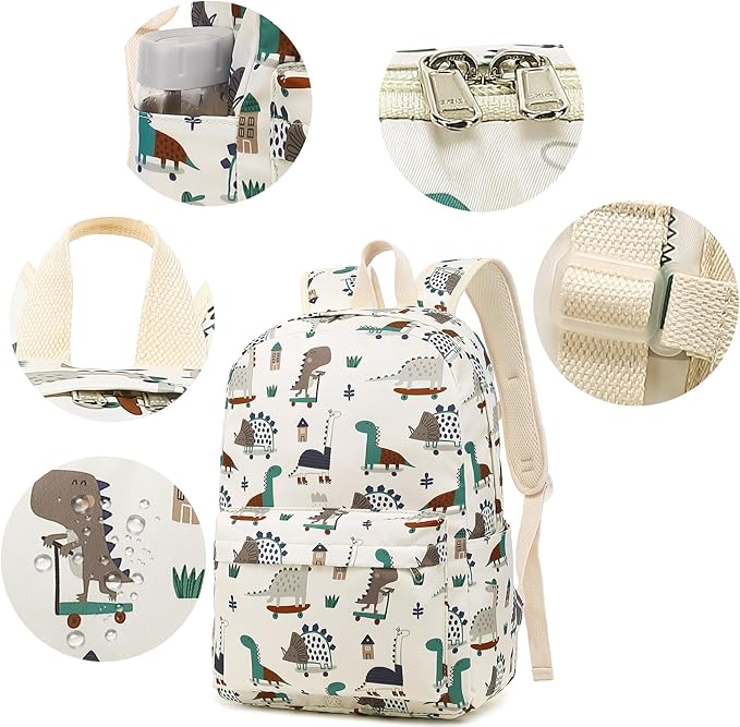 Kids School Backpack with Lunch Box for Boy Kindergarten BookBag School Bag Preschool Kindergarten Toddler Backpack (Dinosaur Beige)