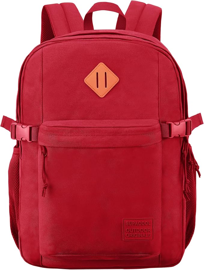 SUPACOOL Casual Backpack For School, Classical Travel Backpack for Men and Women, Bookbag for Boys, Girls and Kids, Laptop Compartment(Red)