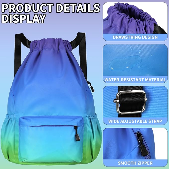 Drawstring Backpack for Women Drawstring Gym Bag Water Resistant Small Cinch Sack Pull String Backpack Bag (Blue-Green)