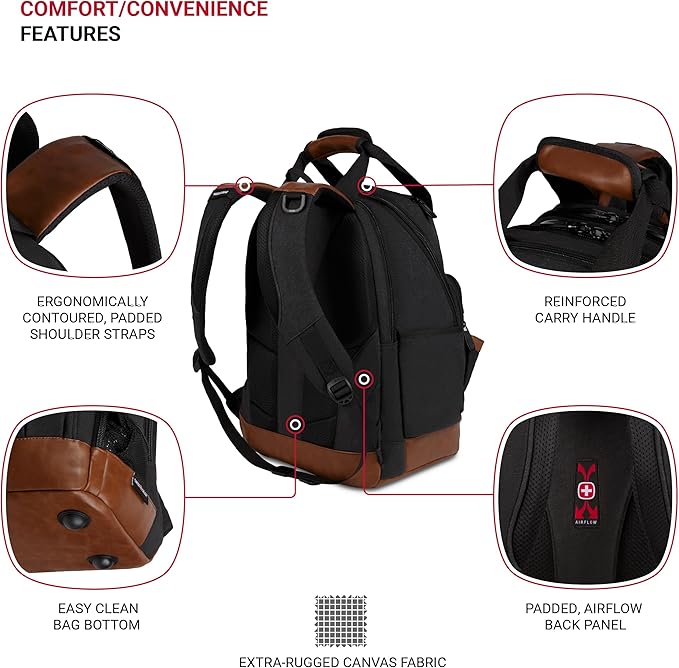 SwissGear Tool Bag Backpack, Fits Up to 15-Inch Laptop, Work Pack, Black/Brown Canvas