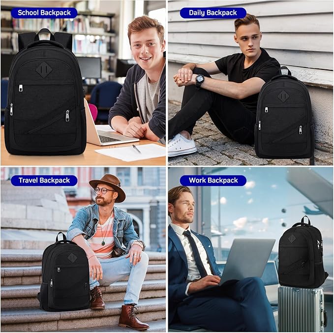 School Laptop Backpack for Women Men: 17.3 Inch College High School Backpacks with USB Charging Port Waterproof Travel Back Pack with Anti-theft Pockets Casual Work Daypack for Boys Students (Black)