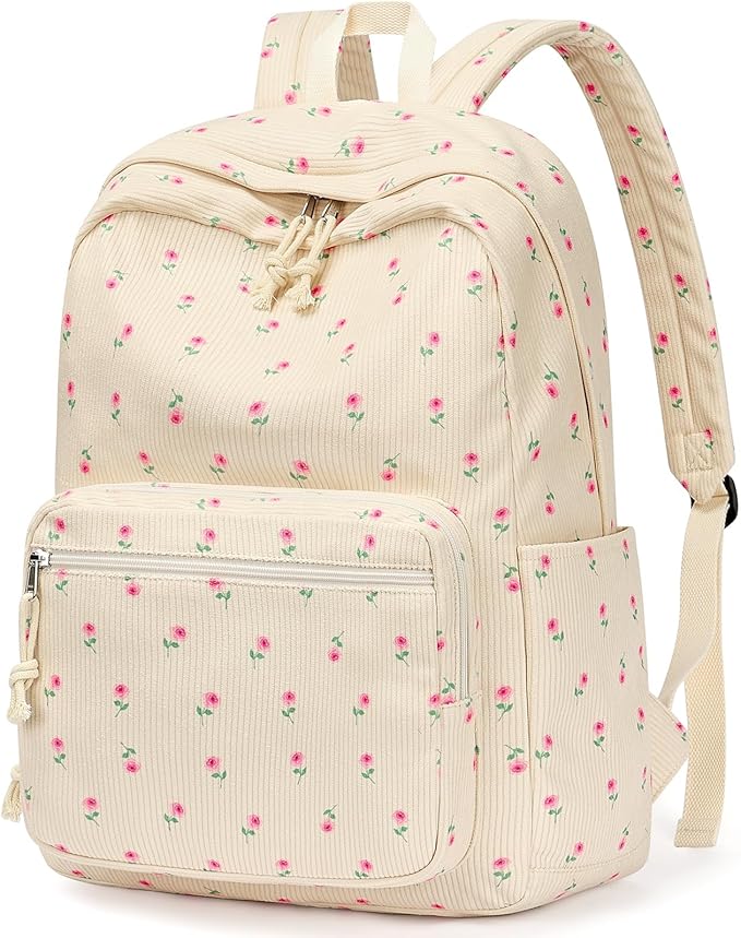 mibasies School Backpack for Girls with Laptop Sleeve: 18IN Large Capacity Corduroy Bookbag for Primary Middle School/College, Travel Daypack for Teens Women - Beige Rose