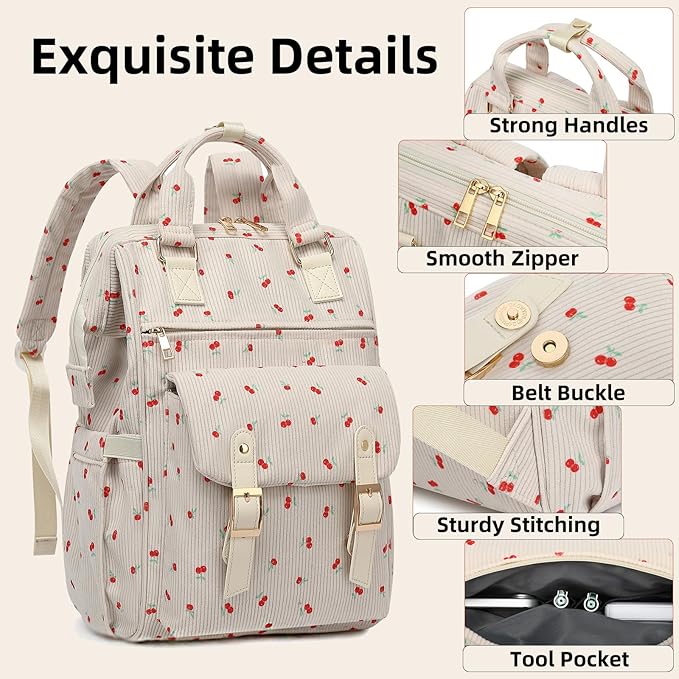 Corduroy Laptop Backpack for Women 15.6 Inch Stylish College School Bookbag, Business Work & Travel Computer Backpacks (Cherry Beige)