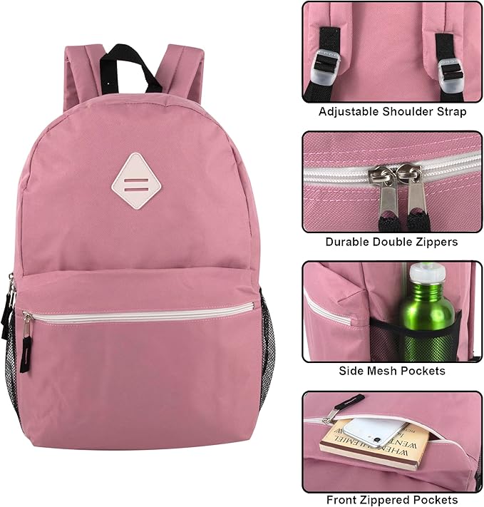 Large School Backpacks with Mesh Side Pockets – Classic 19 Inch Solid Color Backpacks for Kids, Men, Women, Travel (Pink & Blush)