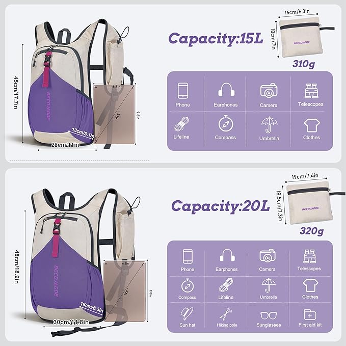 20L Small Hiking Backpack for Men Women Foldable Packable Back Pack Ultralight Hiking Daypack for Travel Camping Outdoor, Beige Purple