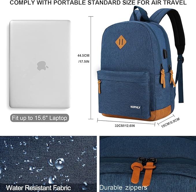 SUPACOOL Lightweight Laptop Backpack with USB Charging Port for Men and Women, Double Layers Backpack for College, Work, Travel, Casual(Navy Blue)