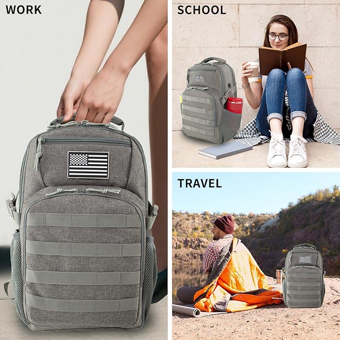 15.6'' Travel Laptop Backpack for Men, 30L Tactical College Backpacks with Water Pouches Both Sides, Portable Backpack for Men Women Business Work Bag Fight Approved - Grey Backpack