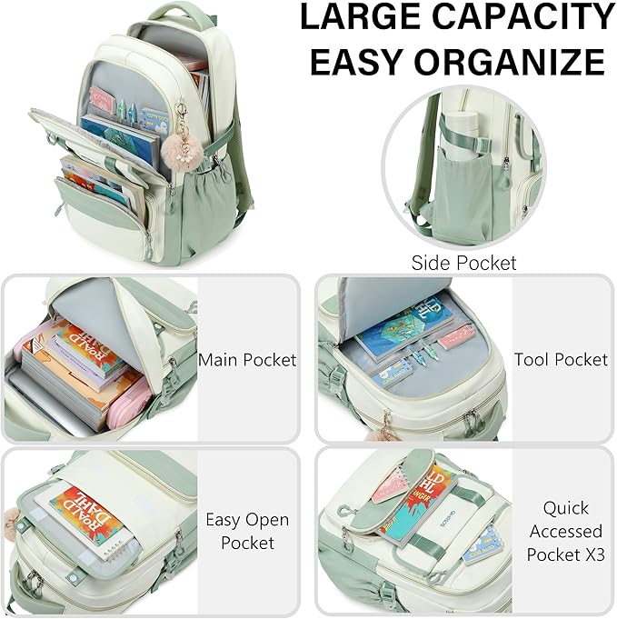 School Backpack for Girls, Laptop Backpack 15.6 Inch Kids Elementary Middle High School Bag Anti Theft Cute College Bookbags for Teens Girls Women Students Casual Travel Daypack,Green Beige