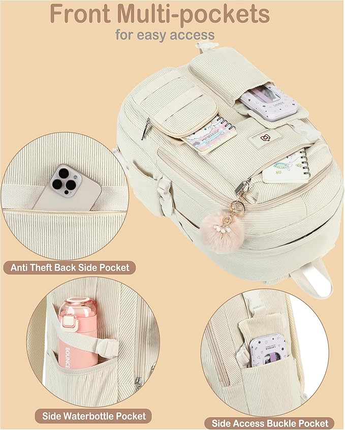 Hidds School Backpack for Teens Girls Women 15.6 Inch Laptop College Backpacks Corduroy Kids Bookbag Students Travel Daypack Womens (Beige)