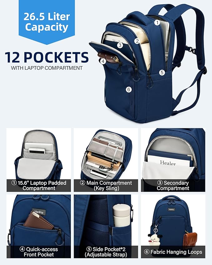 Travel Laptop Backpack for Women Men, 18 Inch Large Work Backpack for Commuter College School Book Bags, Water Resistant Backpack with Luggage Strap Water Bottle Pocket Chest Strap, Navy Blue