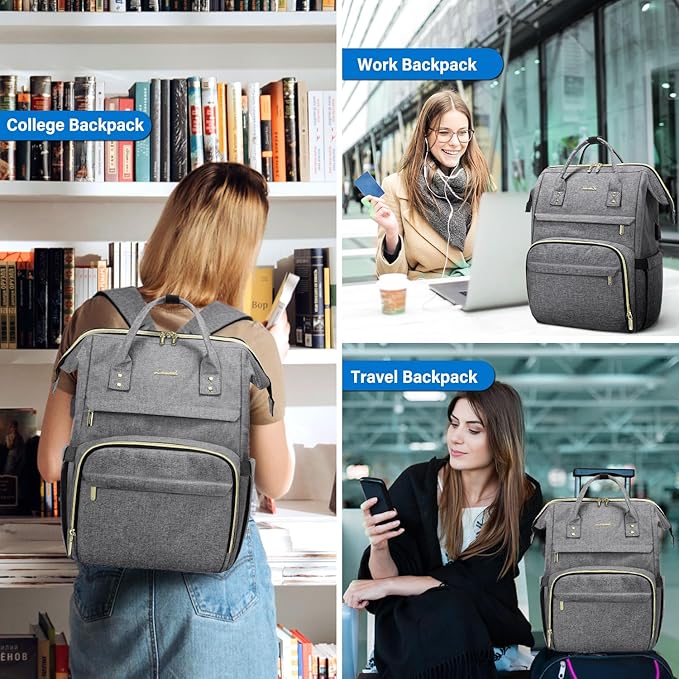 LOVEVOOK Extra Large Travel Laptop Backpack Women, 18 Inch Womens Work Backpack Purse, Waterproof Anti-theft Travel Back Pack with USB Charging Port for College Teacher Nurse, Grey