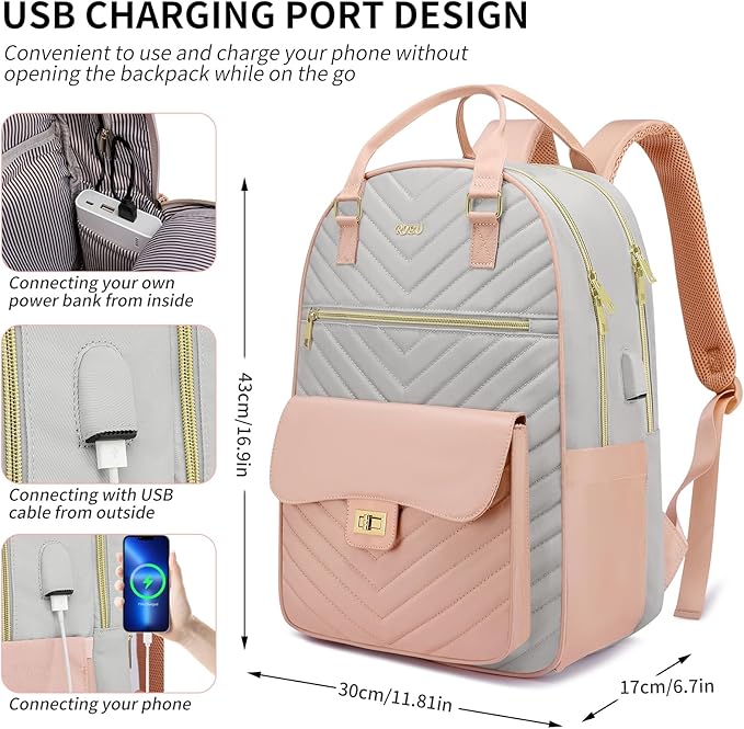 Bookbag for Girls,College Backpack with Laptop Compartment for School Travel,Student Computer Bag Mochilas Escolares,Pink Gray