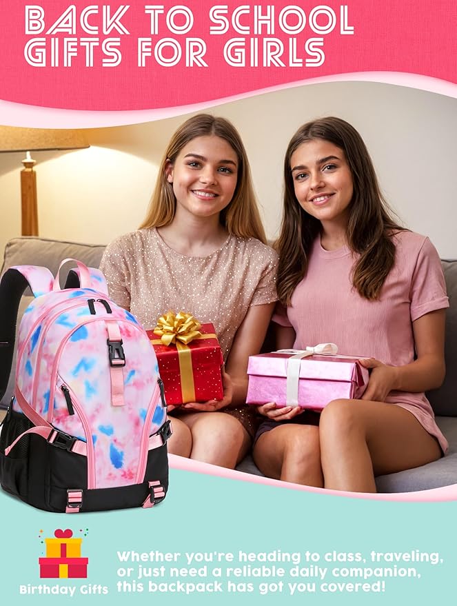 BLUEFAIRY High School Backpack for Girls Boys Middle School Bookbag for Kids Back to School Bag for College with Large Compartment Casual Daypack Mochilas para Niñas Adolescentes 18" Tie Dye Pink