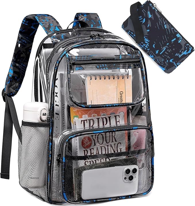 Bluboon Clear Backpack Heavy Duty Kids Boys Clear Bookbag See Through Backpacks with Pencil Case for College Work (Transparent Blue)