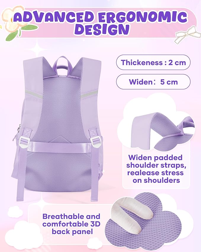 Backpack for Girls,Kids School Backpack Girls Cute Kindergarten Elementary Preschool Middle School Bags Kids Teens Aesthetic Bookbag Kawaii Backpacks Student Daypack Purple